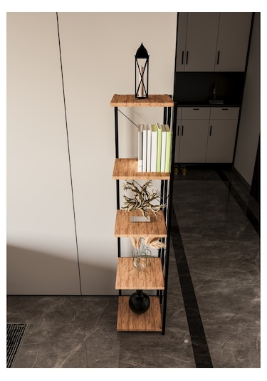 Alpa Ev Mobilya 5 Katlı Kare Raflı Metal Köşe Raf, Dekoratif Kitaplık Ve Modern Saksılık Atlantik Çam