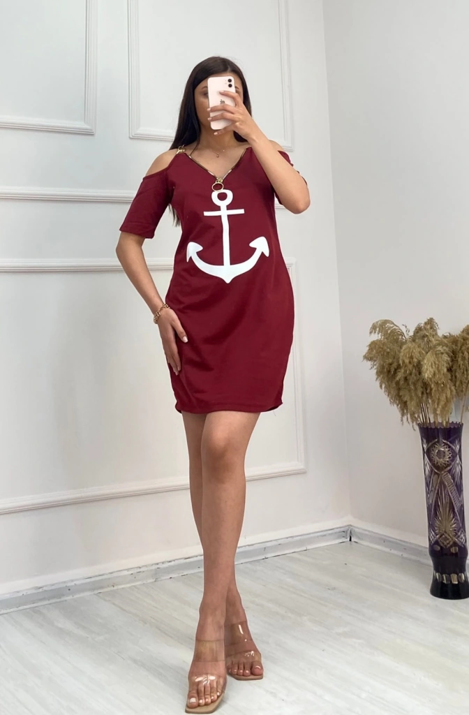 S-pazarım Fermuar Detay Çıpa Baskılı Zincir Askılı Iki Iplik Elbise - Bordo Bordo