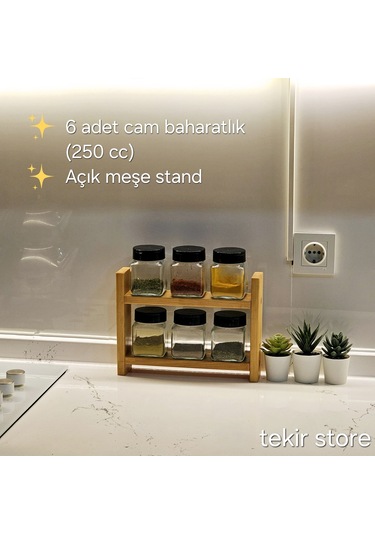 6'lı Baharatlık Standlı Cam Çift Yönlü Kapak 1. Sınıf Kalite Çam Bambu