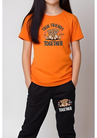 True Friends Baskılı Kız Çocuk Tişört Ve Eşofman Alt-üst Takım Turuncu