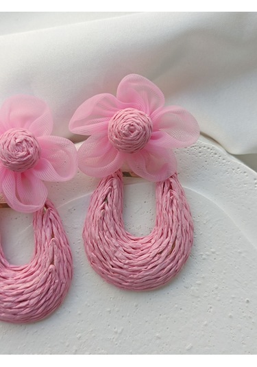 Pembe Çiçekli Hasır Küpe Altın - Pembe