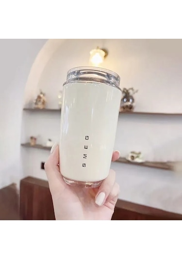 Lemestar Smeg Çift Cidarlı Vakumlu Paslanmaz Çelik Kahve Termosu, 320 Ml, Kapaklı Beyaz Sarı