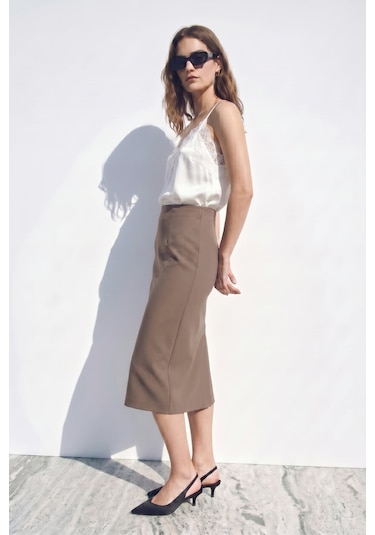 Sateen Düz Kalem Etek - Vizon-137389