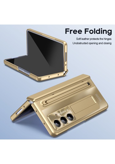 Samsung Galaxy Uyumlu Z Fold7 5g Kılıf Destekli Menteşeli Pc Telefon Kılıfı, Temperli Cam Filmi Ve Kalem - Altın Altın