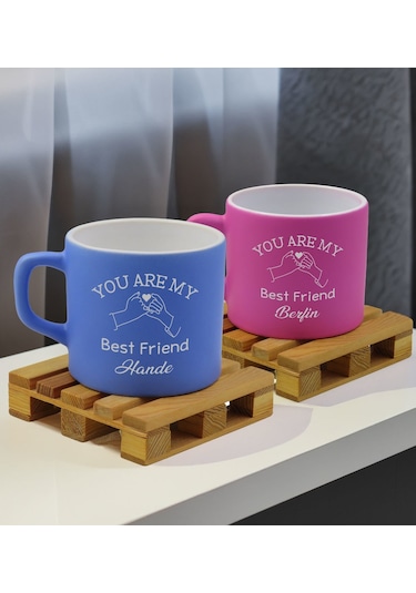 Bk Gift Kişiye Özel İsimli Best Friend 2li Mavi Ve Pembe Renkli Middle Çay & Kahve Fincanı-2, Arkadaşa Hediye, Sevgiliye Hediye Kobitmeyencom32651 Bk