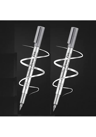 Gümüş Metalik Brush Marker Kaligrafi Kalemi, Cam Kalemi, Davetiye, Süsleme, Balon, Bardak Yazı-2 Ad