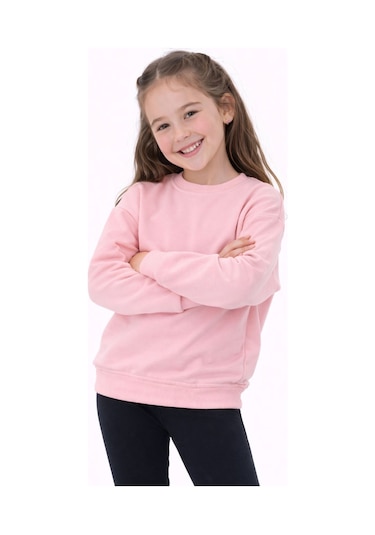Kız Çocuk Basic Düz Pudra Renk Fırçalı %100 Pamuk Sweatshirt Pudra