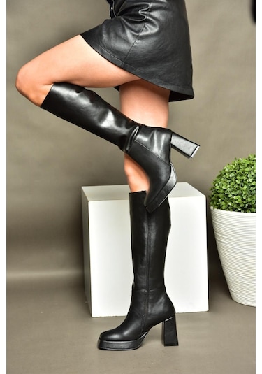 Fox Shoes R282230109 Siyah Platform Kalın Topuklu Kadın Çizme Siyah