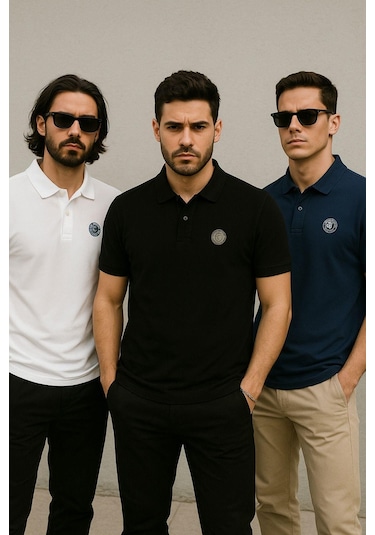Erkek 3'lü Paket Tişört Rahat Kesim %100 Pamuklu Polo Yaka T-shirt Siyah-lacivert-beyaz 410