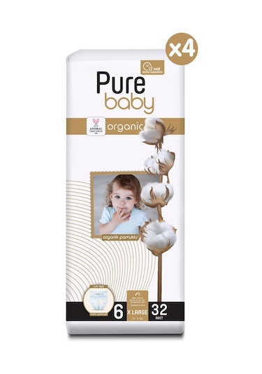 Pure Baby Organik Pamuklu Cırtlı Bez 4'lü Paket 6 Numara Xlarge 128 Adet