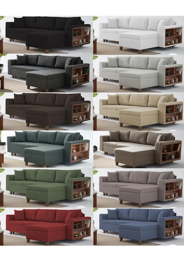 Rengar Köşe Takımı & Yataklı Bazalı Keten Kumaş Köşe Koltuk Takımı - Mavi V119 Mavi