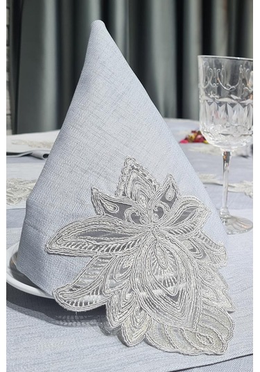 Fransız Dantelli El İşi Lotus 34 Parça Amerikan Servis Seti Gri Gri