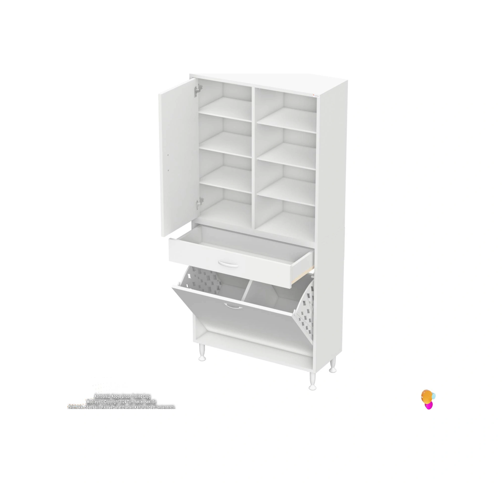 Kayra 1 Çekmece, 2 Göz Sepet, Tek Kapak, 8 Raf Dar Alan Banyo Dolabı 80x173x32,5 Cm Beyaz