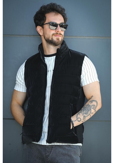 Lordy Örgü Detaylı Cepli Dik Yaka Nova Parlak Kumaş Erkek Şişme Yelek Siyah