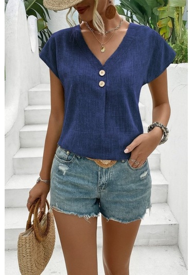 Simala Kadın Kısa Kollu V Yakalı Düğmeli Keten Bluz Mavi