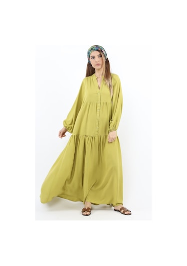 Prive Kadın Base %100 Viskon Yağ Yeşili Maksi Boy Yazlık Elbise Yağ Yeşili