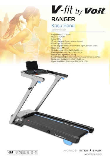 Voit Vfıt By Ranger Koşu Bandı 1-14 Km/h %15 Eğim Bluetooth Katlanabilir Gri