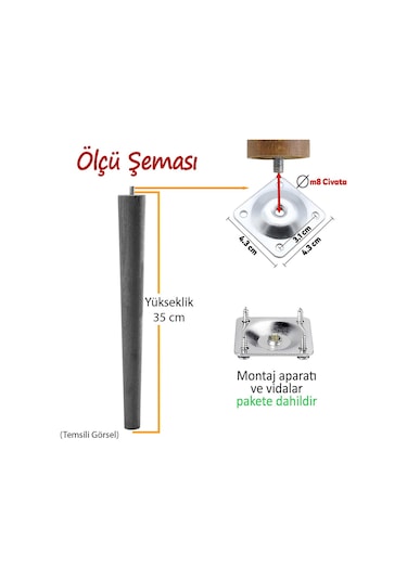 Ahşap Ayak 35 Cm Siyah M8 Civatalı Bağlantı Aparatlı Mobilya Tabure Sehpa Masa Destek Ayağı Siyah