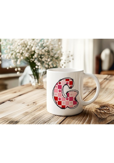 G Harfi Pembe Kareli Kalpli Göz Emojili Kupa Bardak Eğlenceli Kareli Tasarım Kahve Çay Kupası 07 Beyaz