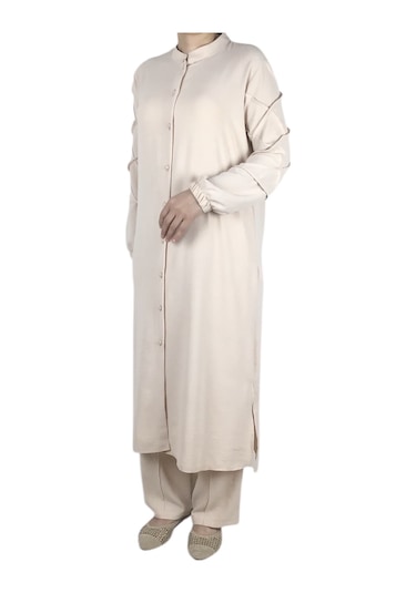 Kadın Önü Düğmeli Kolları Lastikli Pantolon Beli Lastikli Ayrobin Takım Krem