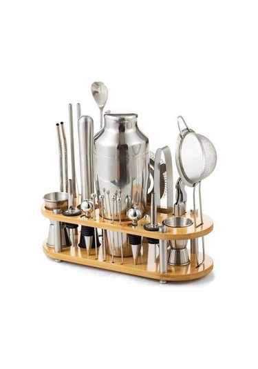 Electric 23 Parça Profesyonel Paslanmaz Çelik Kokteyl Çalkalayıcı Seti, Bambu Standlı, Gümüş