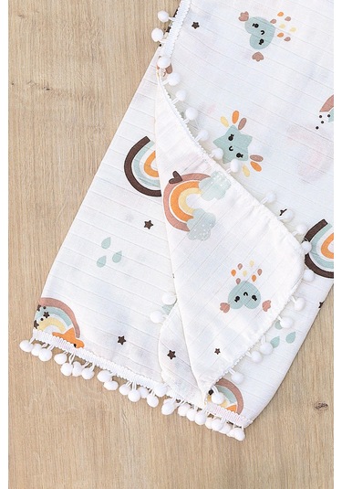 Kız Erkek Bebek Çift Katlı Ponponlu Müslin Kundak Battaniye Stl6907 Beyaz - Fuşya