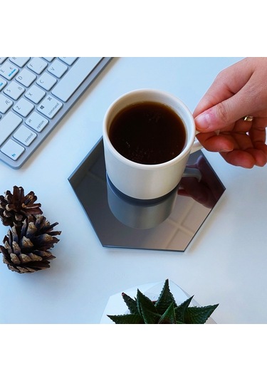 Decorita Ayna Bardak Altlığı - Altıgen Ayna Bardak Altlığı - Füme Ayna 4'lü Takım Füme