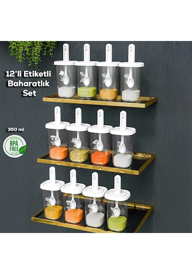 Porsima 1098 Kaydırmalı Kaşıklı Baharatlık Seti 12'li  Şeffaf - Beyaz