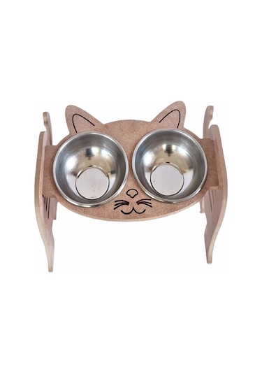 Liva LA8M1140383 Ahşap İkili Kedi Mama ve Su Kabı