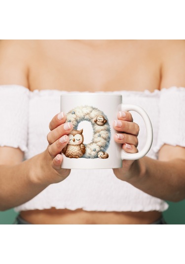 O Harfi Tasarım Bardak, Sevimli Hayvan Temalı Harf Bardağı Beyaz