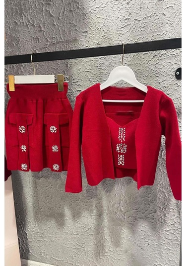 Riccotarz Kız Çocuk Askılı Bluz Hırka Ve Elmas Taş İşlemeli Cepli Bordo Triko Etekli Takım Bordo