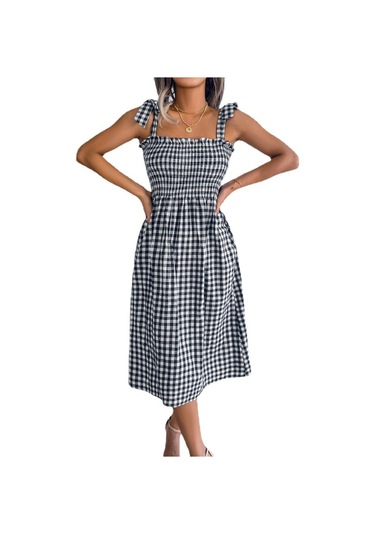 Gmxıa İlkbahar Yaz Rahat Bağcıklı Renk Kontrast Ekose Orta Boy Elbise Kadınlar İçin Siyah