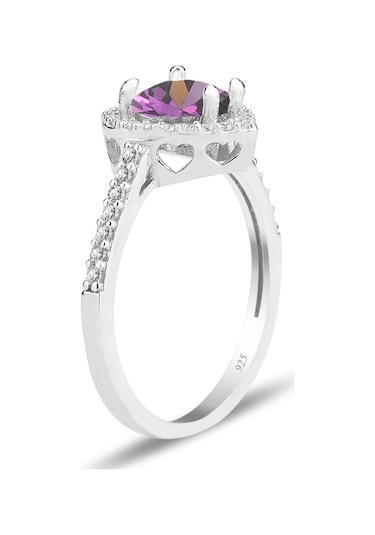 Gümüş Rodyumlu Ametis Taşlı Pırlanta Montürlü Kalp Modeli Yüzük