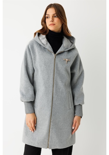 Fermuar Kapamalı Kapişonlu Kaban Gri Gri