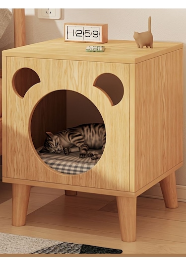 Modern Kedi Evi & Komodin - Kedi Başı Tasarımlı Ahşap Yan Sehpa