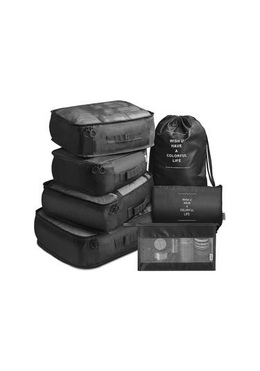 Jeemson Seyahat Çantası Giyim Sınıflandırma Seti 7'li, Su Geçirmez Kumaş, Çift Fermuar, Hacim Tasarrufu, Siyah Siyah