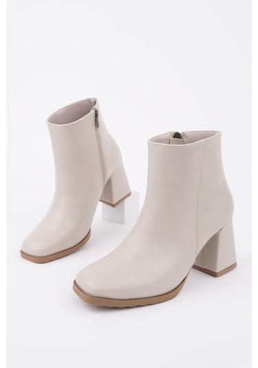 Muggo Divina Küt Burun Kalın Topuklu Fermuarlı Kadın Bot Ten