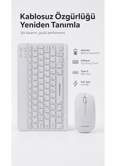Şarj Edilebilir Ultra İnce Bluetooth Klavye Mouse Seti - Premium Sessiz Profesyonel Kablosuz Takım