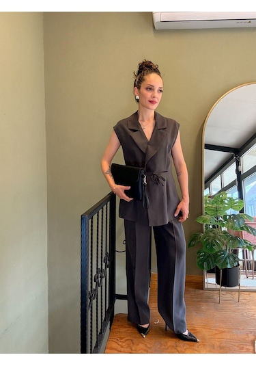 Ali Butik Antrasit Düğme Geçmeli Yelekli Takım