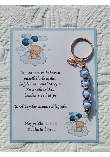 48 Adet İsme Özel Tasarım Mavi Anahtarlık Hastane Yeni Doğan 40 Mevlidi Dağıtmalık Hediyelik