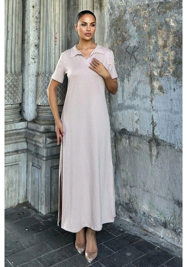 Vizon Polo Yaka, Kısa Kol, Yırtmaçlı, Basic Model, Uzun Salaş Elbise Vizon