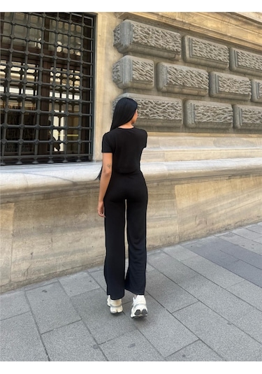 WeShaya Siyah Modal Polyester Dokulu Bisiklet Yaka Takım Siyah