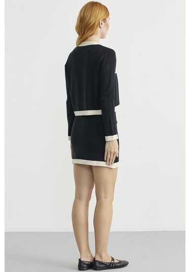 Blok Geçişli Elbise Hırka Triko Takım - Taş Taş