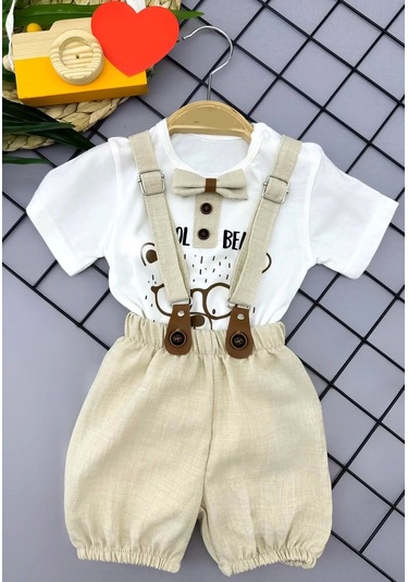 9-12-18-24 Ay Papyon Detaylı Keten Şort Salopet Tişörtlü 2li Erkek Bebek Takımı Krem