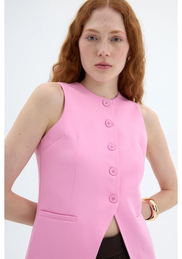 Quzu Düğmeli V Kesim Kolsuz Yelek Pembe Pembe