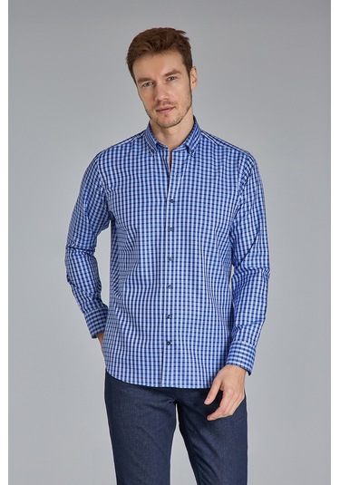Bisse Paşa Yaka Uzun Kollu Regular Fit Kare Desenli Lacivert Erkek Gömlek Gmeks4kps242070 E39 Lacivert