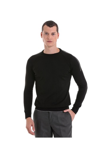 Hatemoğlu Siyah Regular Fit Jakarlı Bisiklet Yaka Yünlü Triko Kazak Siyah