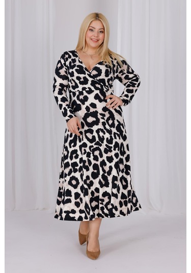 Kadın Vizon Siyah Leopar Desen Kruvaze Yaka Büyük Beden Esnek Maxi Elbise Vizon