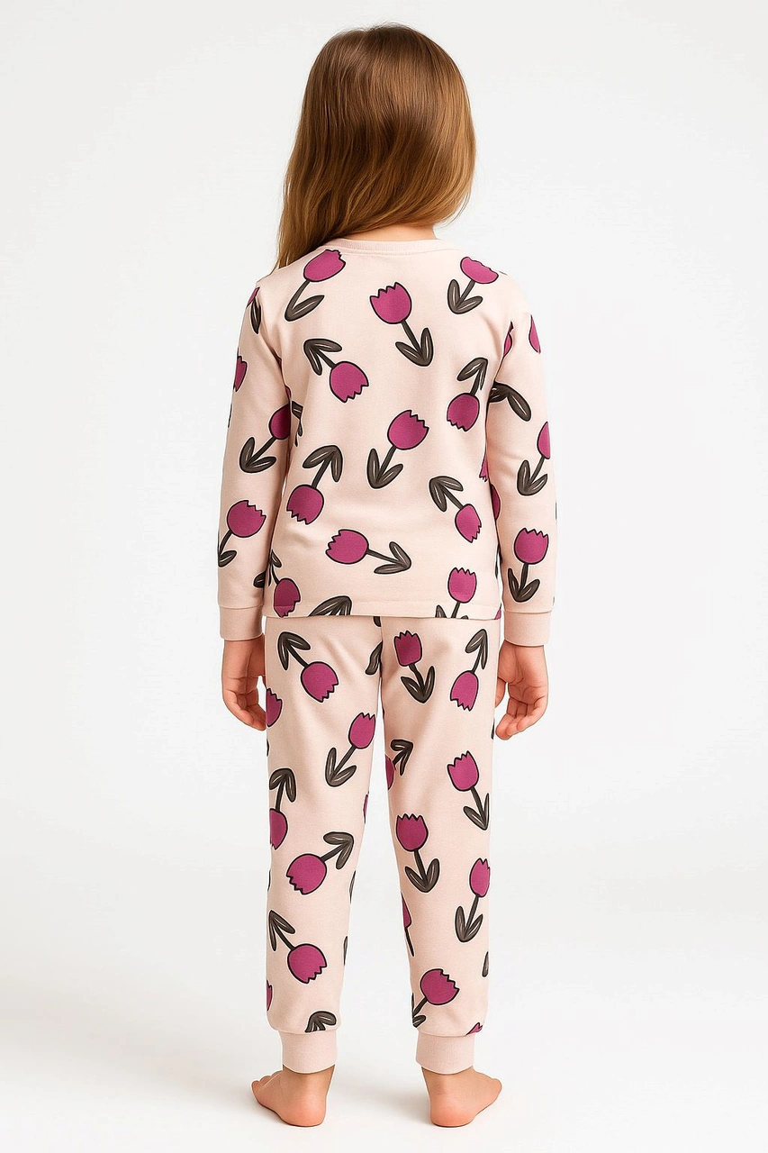 Lale Desenli Kız Çocuk Pijama Takımı Bej