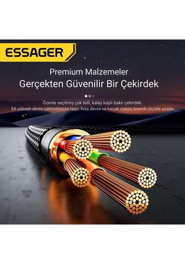 Essager Type-c To Type-c Kablo 2 Metre Pd 100w Hızlı Şarj Ve Data Transfer, Akıllı Akım Ve Pil Korumalı Kablo
